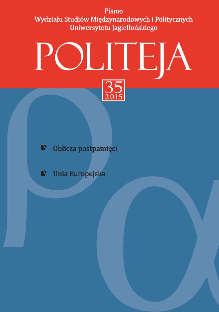 Okładka Pisma Wydziału Studiów Międzynarodowych i Politycznych Uniwersytetu Jagiellońskiego Politeja numer 35 rok 2015. Numer tematyczny Oblicza postpamięci 